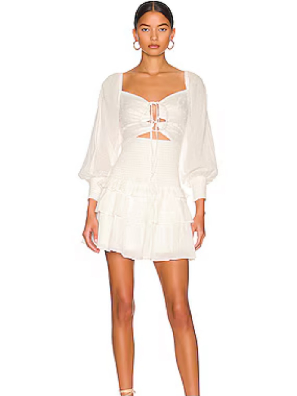 ASTR The Label Marietta Dress White Swiss Dot Tie Front Smocked Mini Dress Small